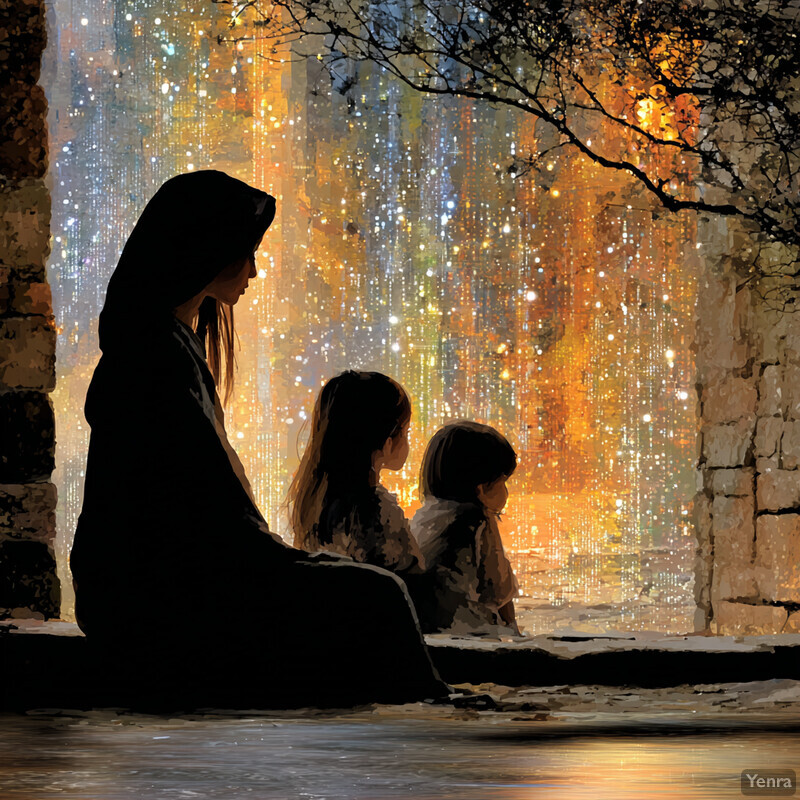 A woman and two children in a dimly lit, stone-walled space, surrounded by a glowing, star-like light curtain, evoking a sense of magic and tranquility.