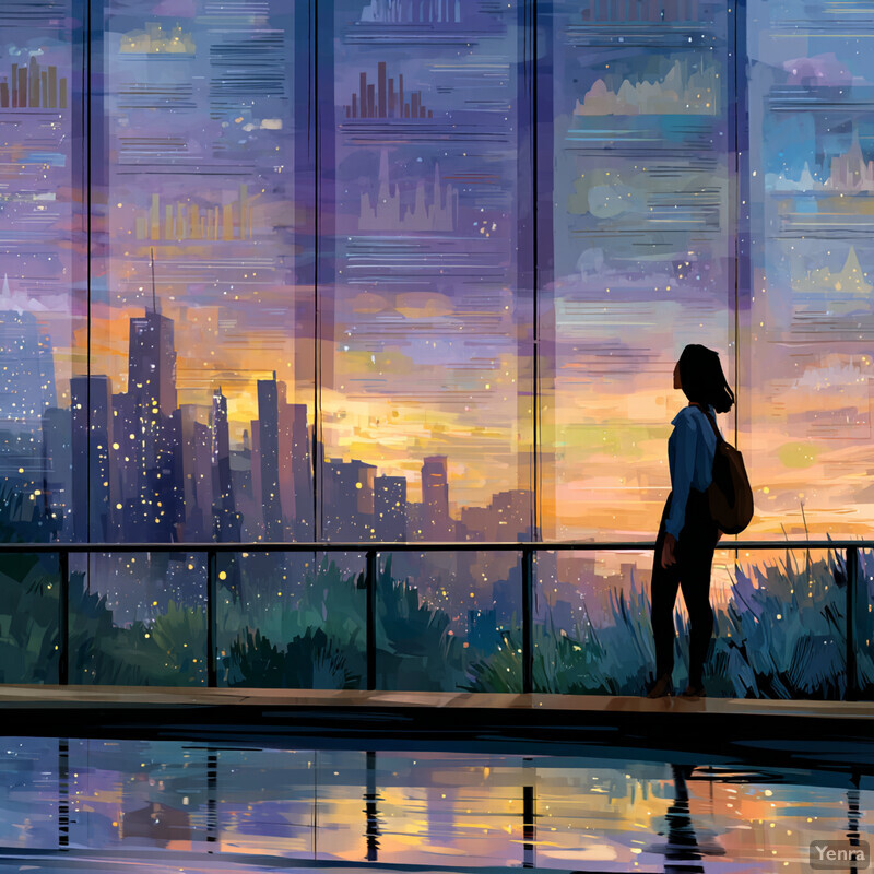 A contemplative urban scene viewed through large glass windows, featuring a silhouetted figure against a vibrant cityscape and sky at dusk or dawn.