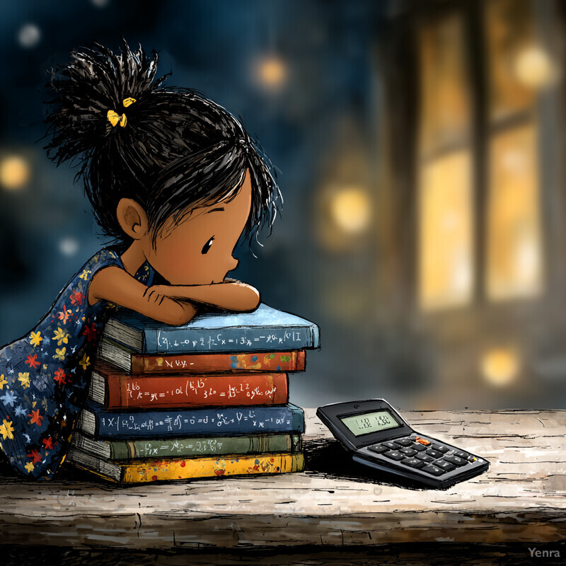 A young girl studies intently, surrounded by books and a calculator, in a warmly lit indoor setting.