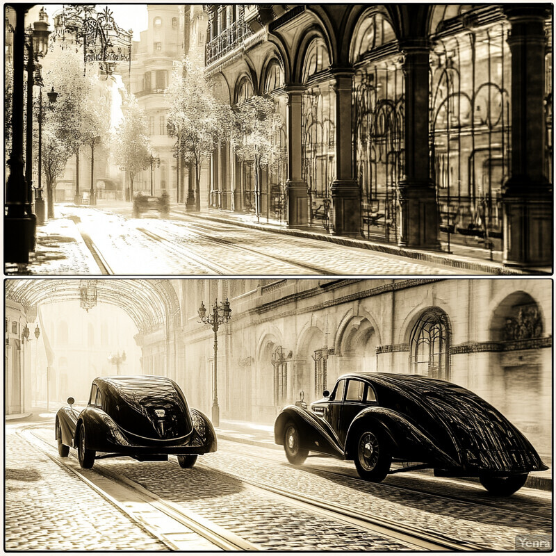 A sepia-toned photograph of an empty street with ornate buildings and two vintage cars