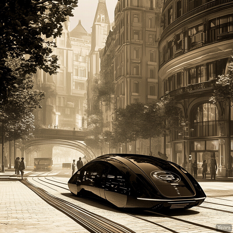 A futuristic tramcar in an old European city.
