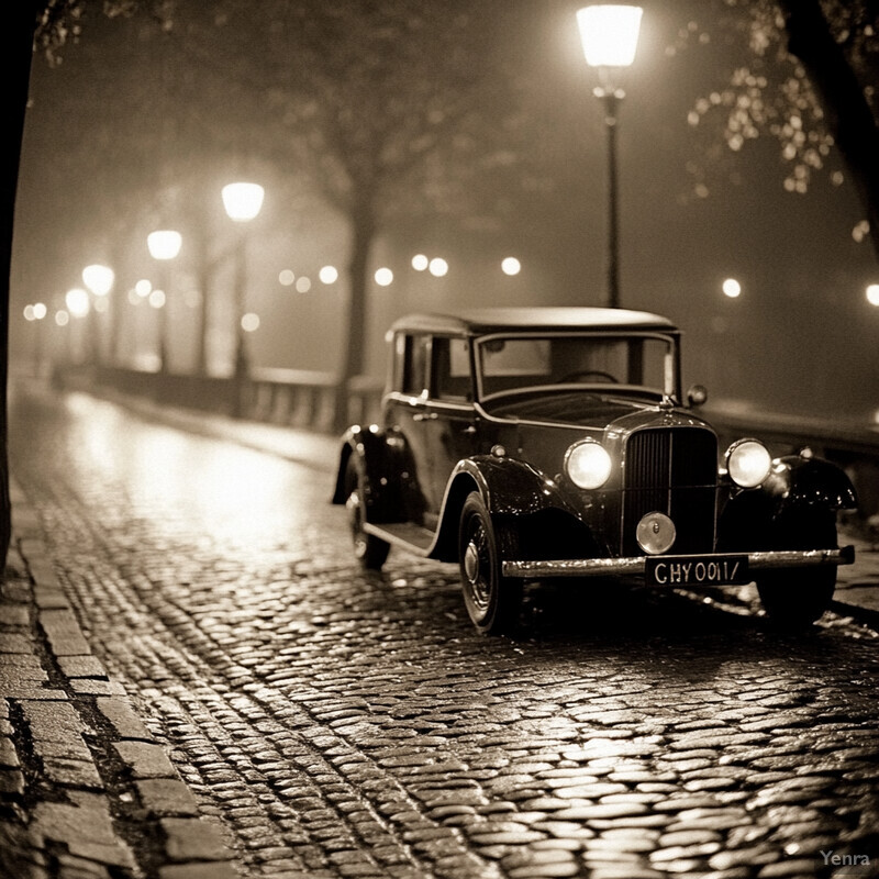 A serene nighttime scene in an urban setting featuring a black vehicle taking center stage with a unique lens emphasizing its details.