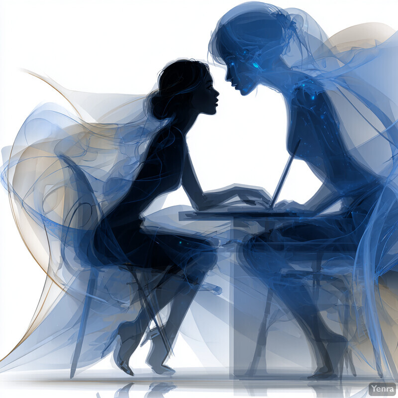 A ghostly and translucent depiction of two figures interacting with a laptop, symbolizing a digital collaboration or communication.