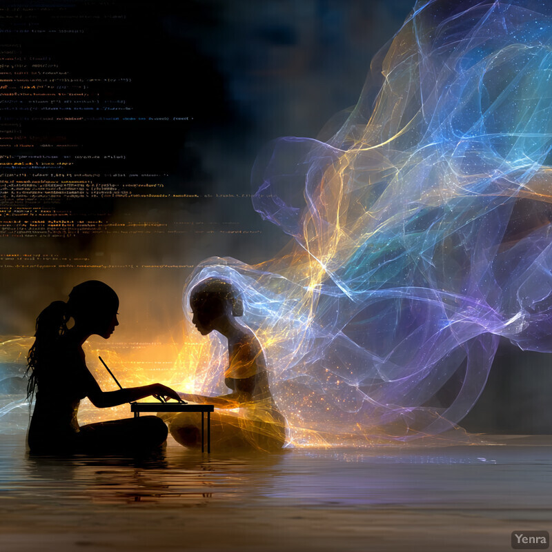 A silhouette of a person playing a keyboard, surrounded by a glowing, abstract energy field, with text-like patterns in the background.