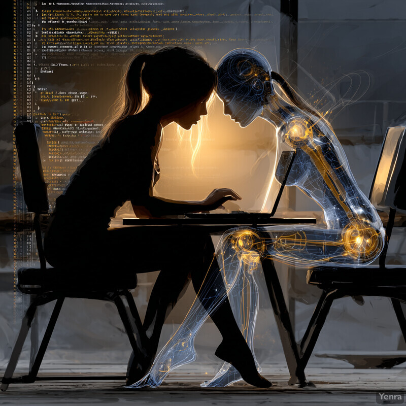 A person in a semi-transparent, x-ray-like style working on a laptop, with glowing yellow-orange neural and muscular systems, set against a white background with faint text in a programming language.