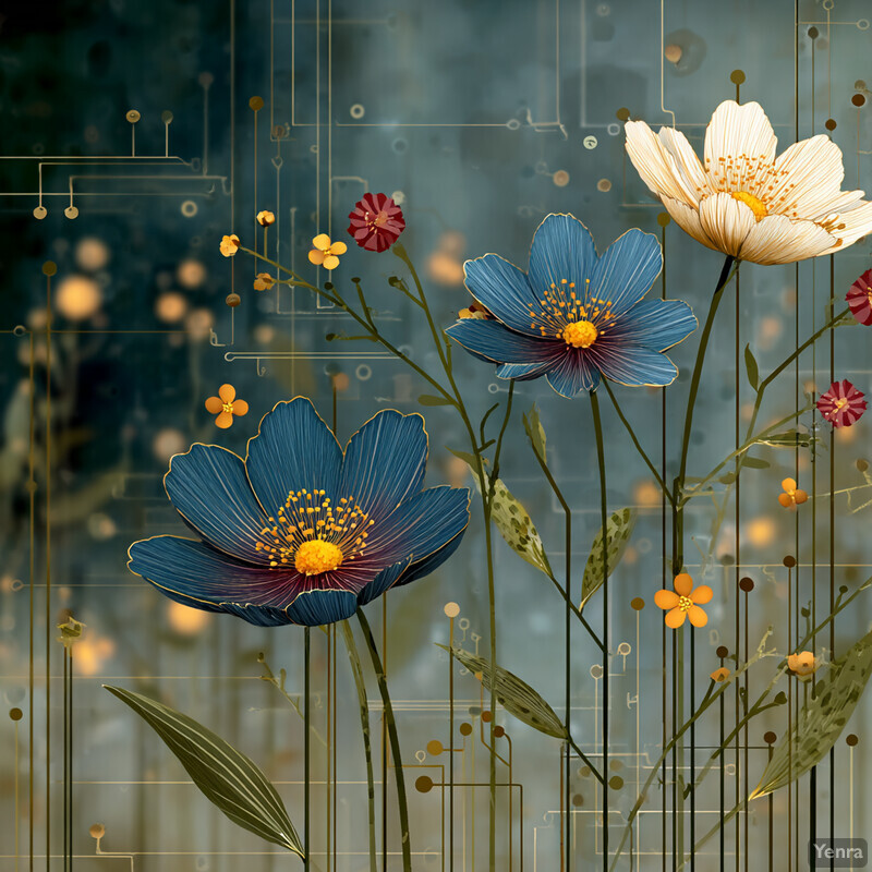 A floral bouquet with a futuristic, circuit-like background, blending nature and technology.