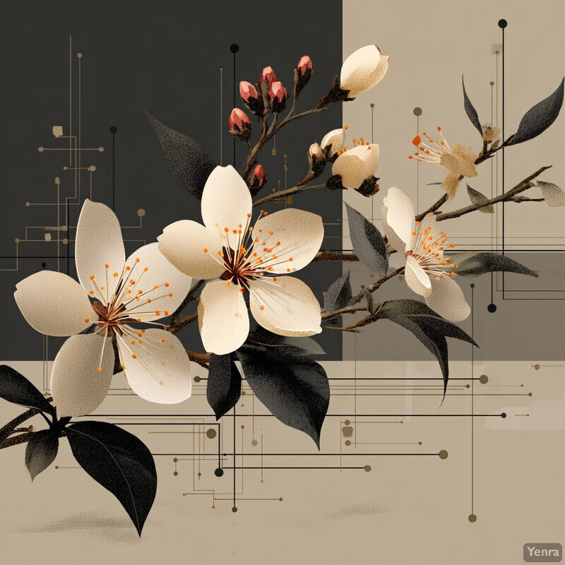 A modern floral illustration with a balance of natural and abstract elements, featuring white and pink flowers with dark leaves.