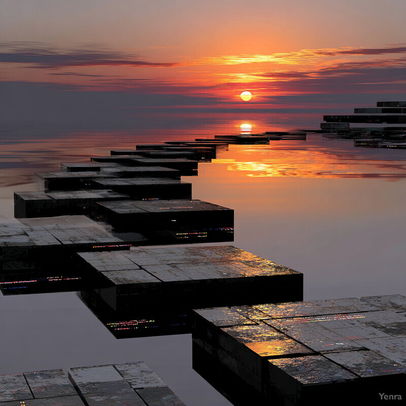 A serene sunset scene with floating wooden planks over a reflective surface, evoking a sense of tranquility and mystery.