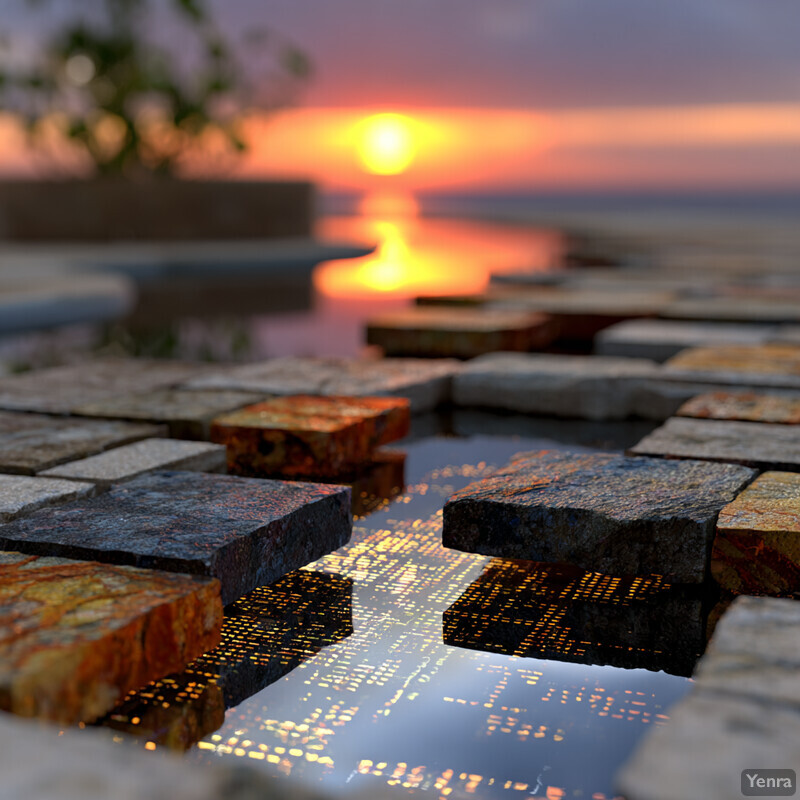 A tranquil sunset scene with reflective stone slabs in the foreground and a warm, golden sky in the background.