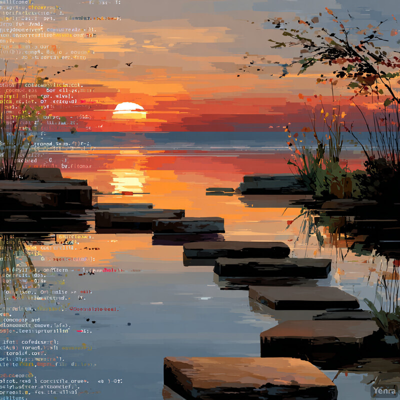 A tranquil sunset scene with computer code overlaid, blending nature and technology.