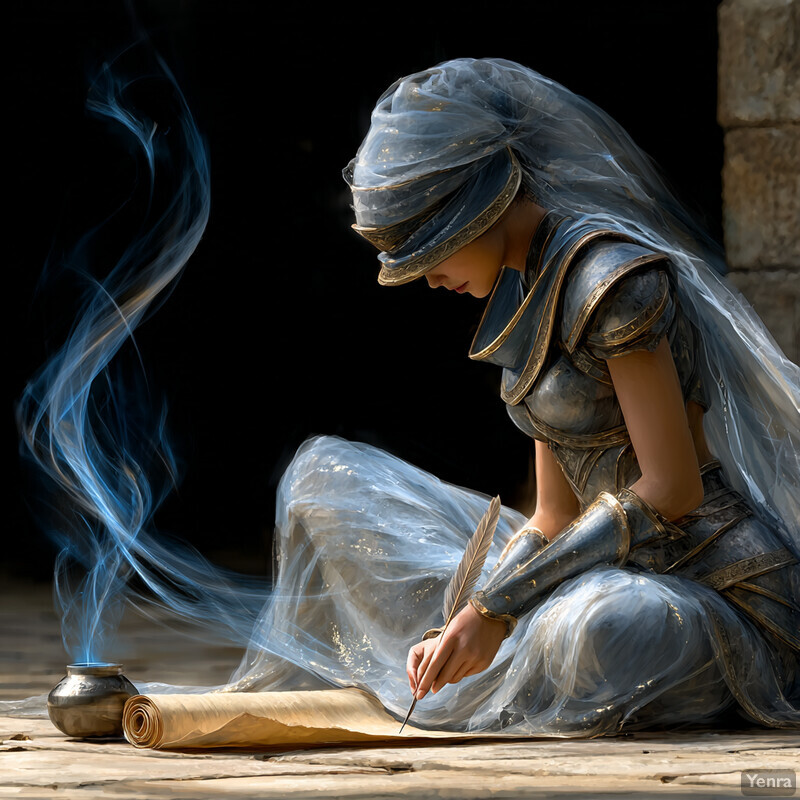 A medieval knight in armor, veiled, and engrossed in writing on parchment.
