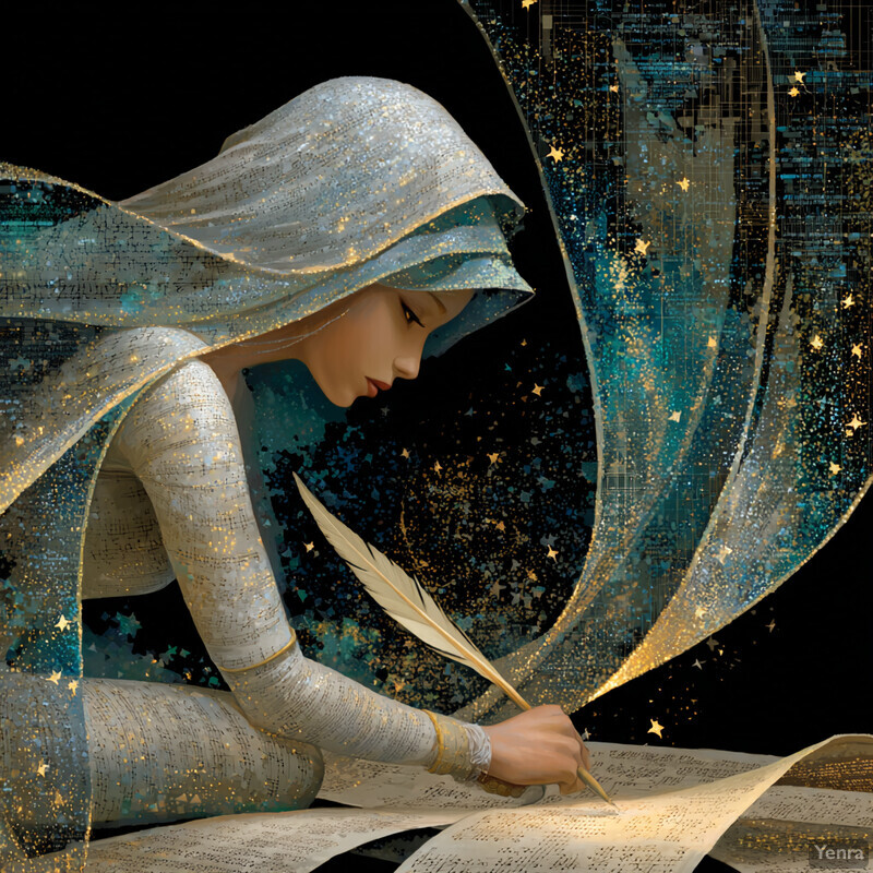 A celestial figure writing on a star-studded scroll in a mystical, ethereal setting.