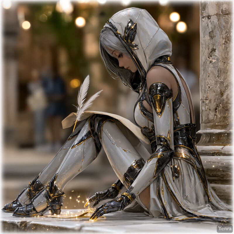 A figure in a silver and gold armored suit is seated on a stone pedestal, exuding a sense of serenity and power in a grand, possibly ceremonial setting.