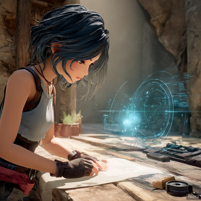 A character in a historical setting interacting with advanced technology, depicted in a serene, sunlit outdoor environment.