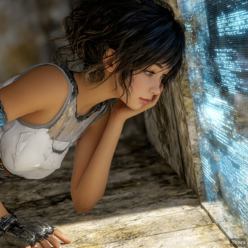 A futuristic character in a contemplative pose, leaning against a stone wall, with a glowing blue panel in the background.