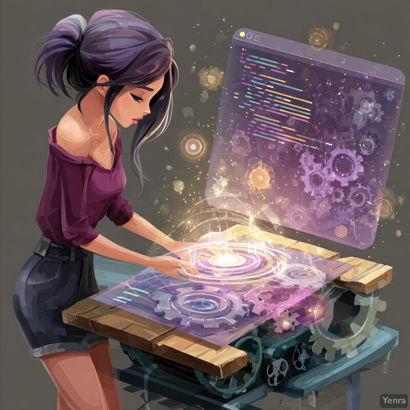 A woman interacting with a holographic, gear-filled interface, set against a muted background, conveying themes of technology and human effort.