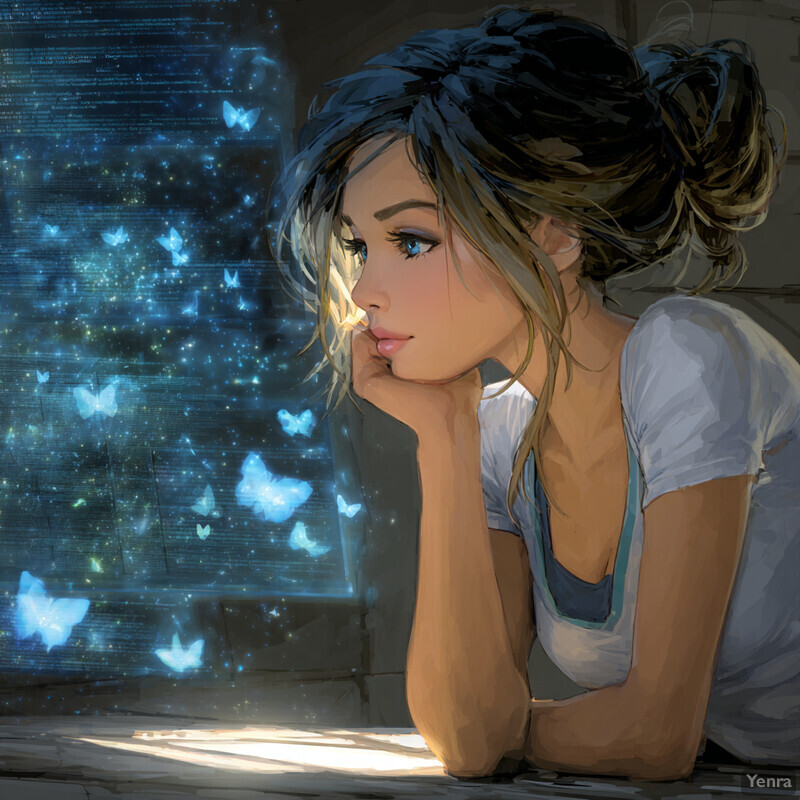 A contemplative young woman seated indoors, gazing out a window adorned with butterflies and shimmering stars, evoking a dreamlike and introspective mood.