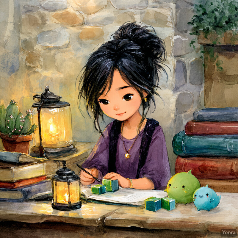 A young girl is deeply focused on an activity at a wooden table, surrounded by books, a lantern, a cactus, and plush creatures, set against a stone wall background.