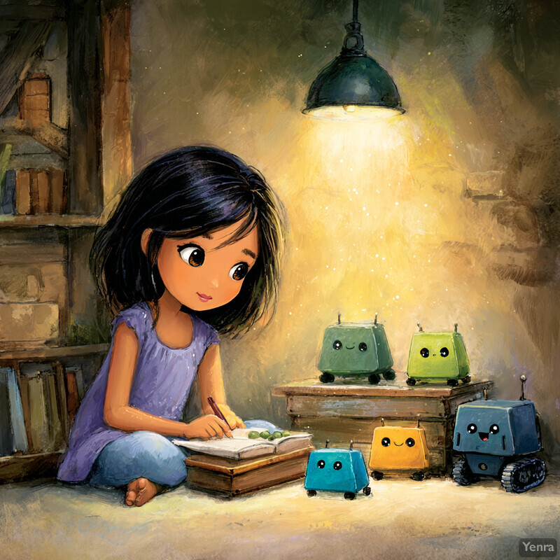 A girl engages in writing in a rustic, warmly lit room, accompanied by three friendly robots, creating a scene of creativity and technology in a cozy setting.