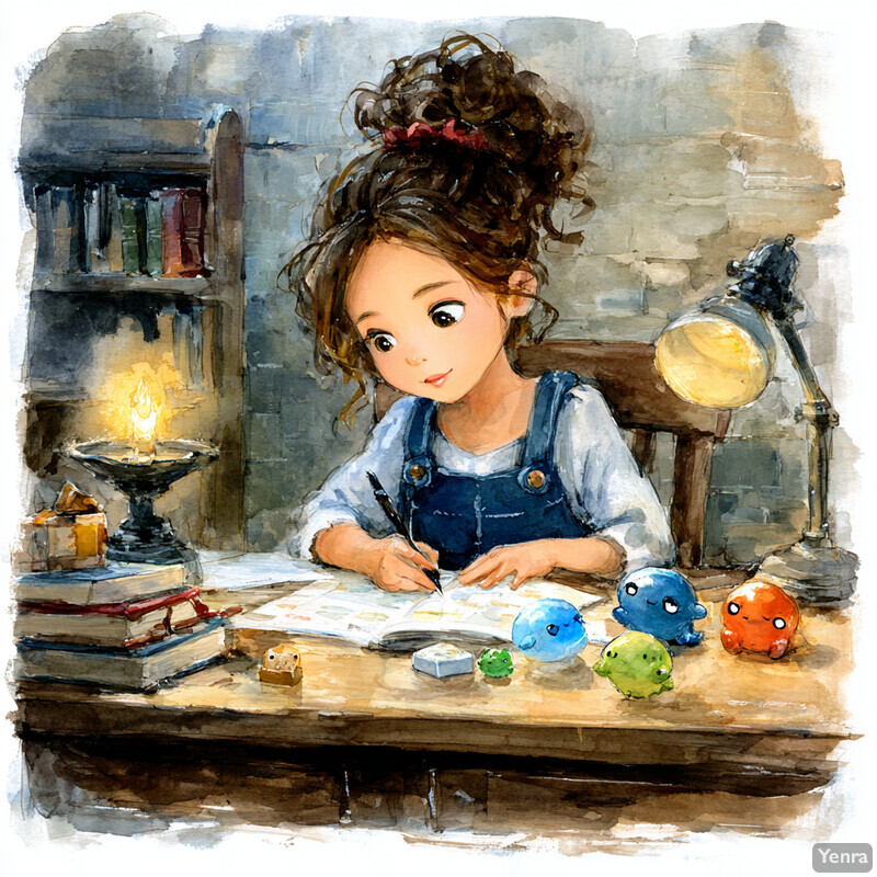 A young girl is deeply focused on her work at a desk, surrounded by books and whimsical creatures in a cozy, dimly lit room.