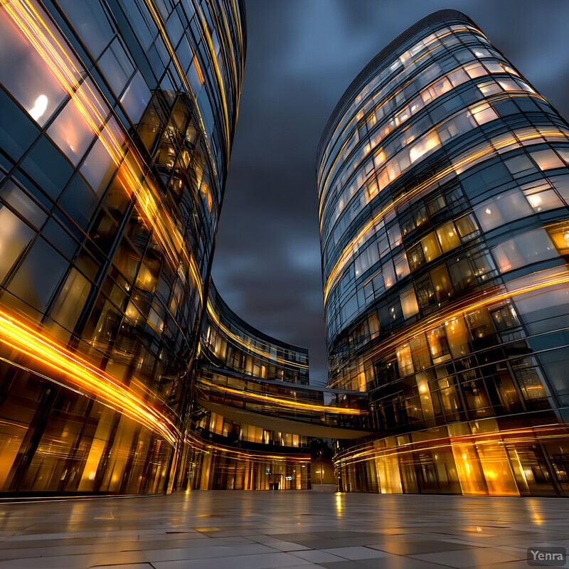 A modern, illuminated building complex set against a dramatic sky, emphasizing contemporary architecture and the interplay of light and shadow.