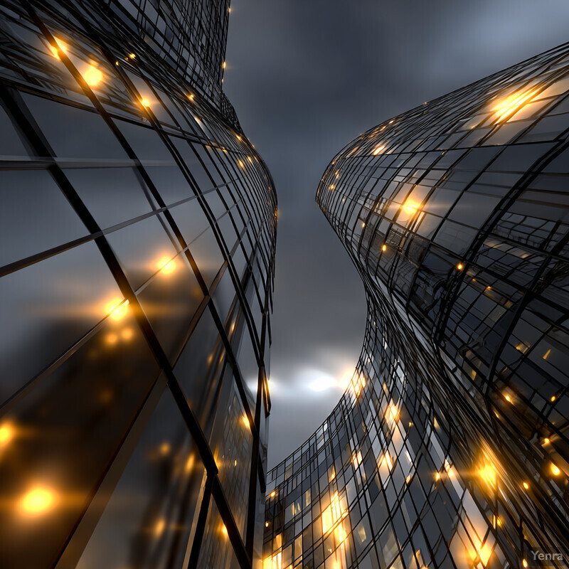 Two modern, organically shaped skyscrapers with reflective glass facades against a twilight sky, illuminated from within by warm lights.
