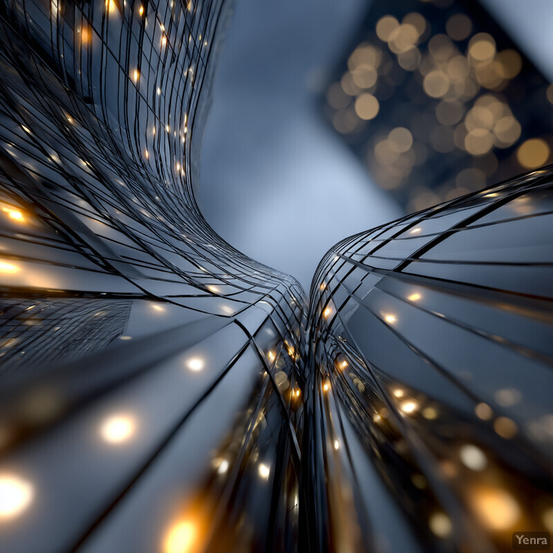 A close-up of a modern, futuristic architectural structure with linear elements and glowing points of light against a gradient background.