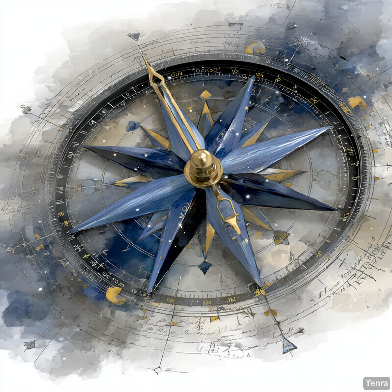 A detailed and artistic depiction of a compass with a star-like center, set against a textured background that evokes depth and mystery.