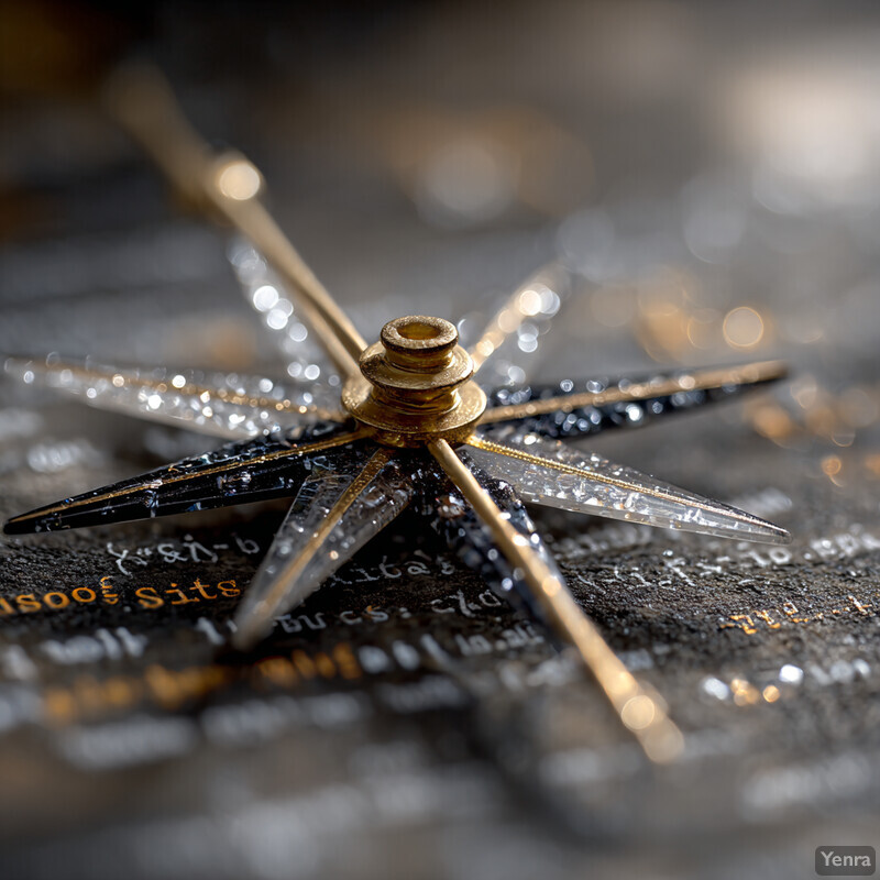 A close-up of a compass needle with etched markings, set against a softly blurred, reflective background with a bokeh effect.