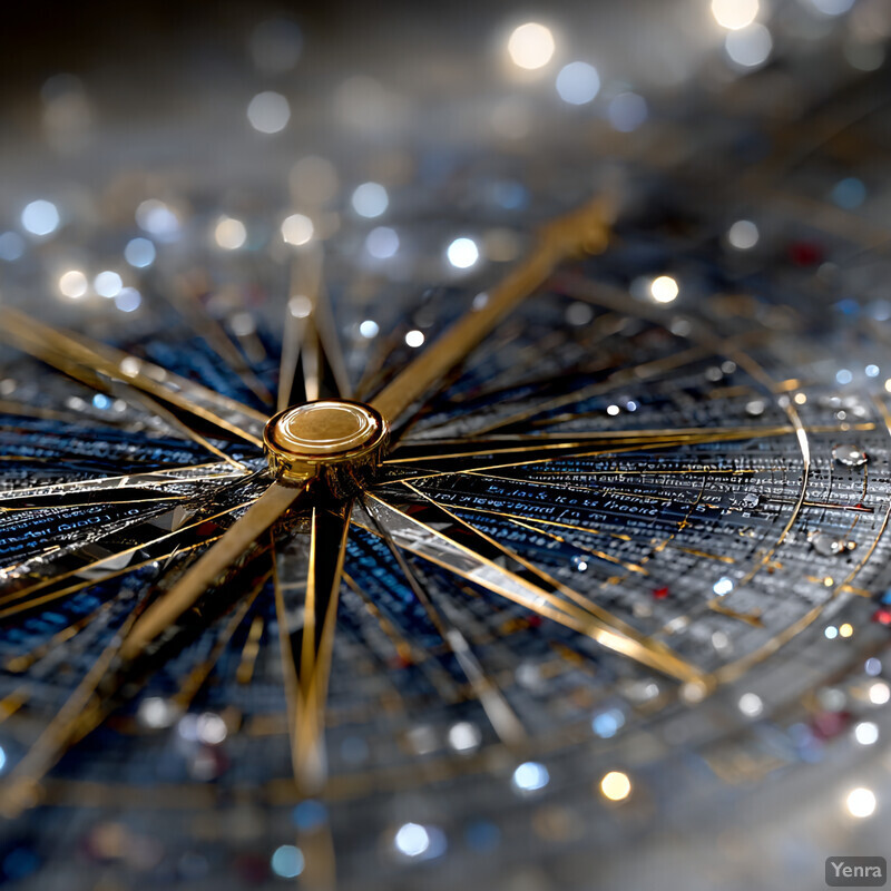 A close-up of an ornate compass with a blurred background of glowing lights.