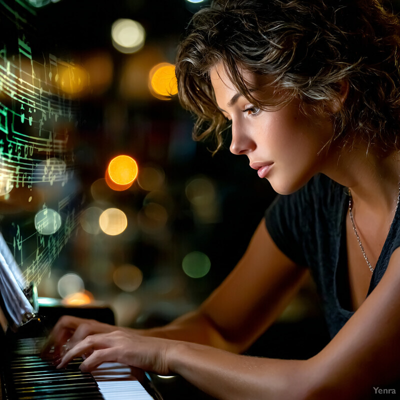 A woman playing the piano in a flow state, surrounded by a bokeh effect of city lights.