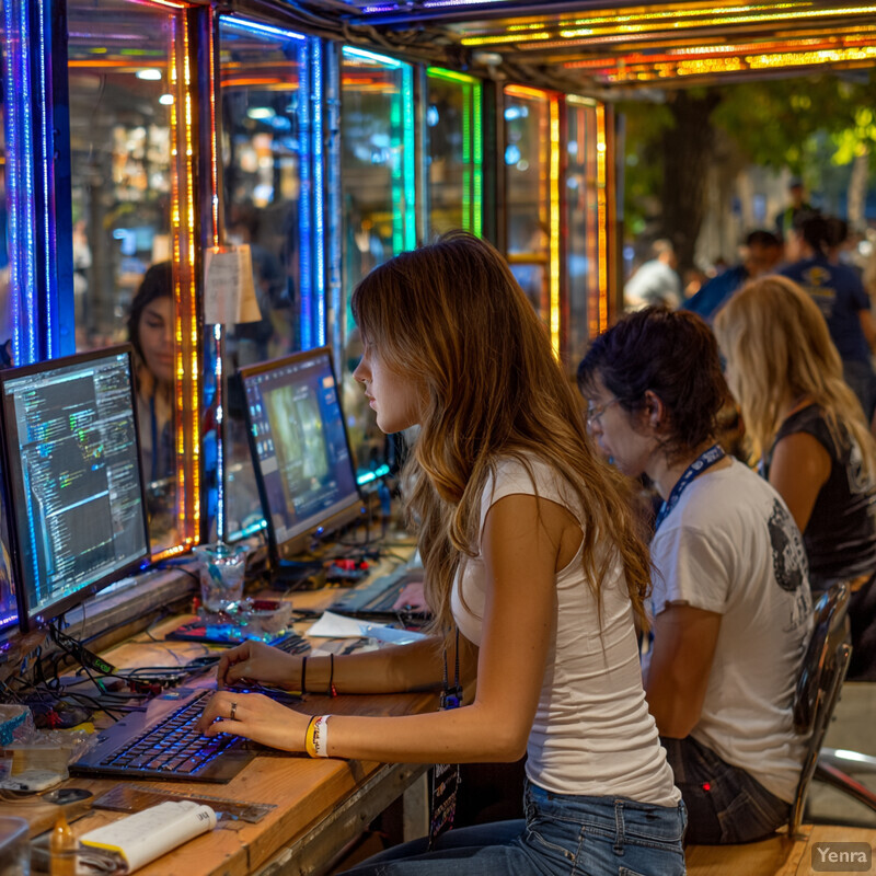 A hackathon event with participants deeply engaged in coding and problem-solving at a communal table.