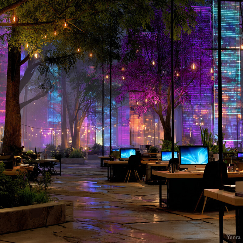 A co-working space that integrates natural and urban elements, featuring outdoor seating areas and a futuristic cityscape in the background.