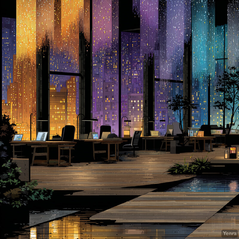 A futuristic office with a cityscape backdrop, blending indoor and outdoor elements through a reflective puddle.