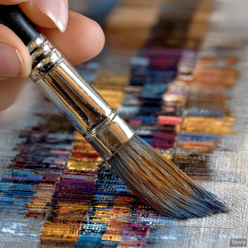 A close-up of a hand holding a paintbrush over a canvas with a vibrant, textured color palette, emphasizing artistic creation.
