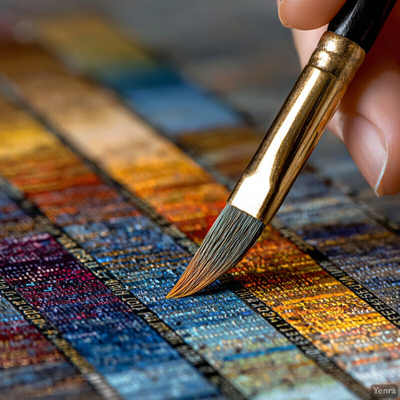 A close-up of a hand using a fine paintbrush to apply strokes to a colorful, textured canvas.
