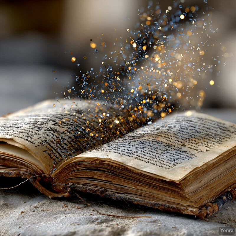 An open, ancient book with a burst of text and numbers emanating from its pages.