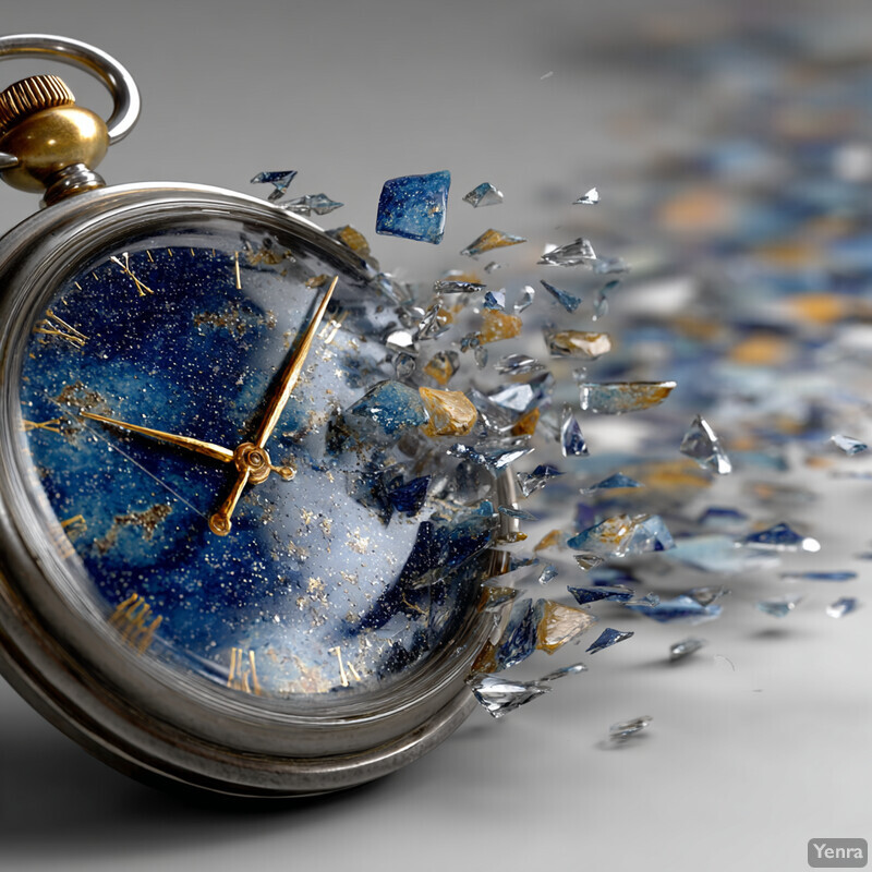 A pocket watch with its face shattered into glass fragments, set against a blurred background of scattered shards.