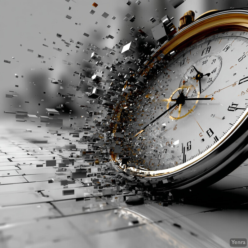 A disintegrating analog clock with geometric fragments scattering against a gray gradient background.