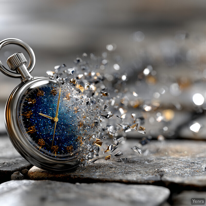 A pocket watch shattering into fragments, set against a textured stone surface, with a starry blue watch face and gold hands.