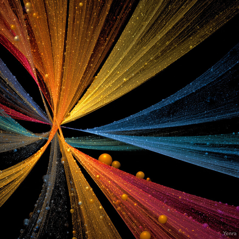A dynamic burst of radiating lines and glowing spheres against a black background, creating a sense of cosmic energy and movement.