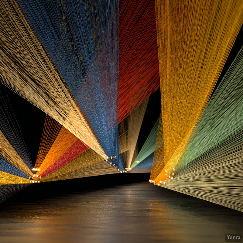 A symmetrical Refactor Rainbow installation with vibrant strings converging and diverging, glowing orbs, and a dark, reflective floor creating a luminous, tranquil effect.