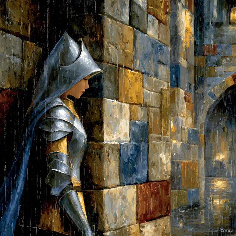 A lone armored figure stands vigilantly against a stone wall, under dramatic lighting, evoking a sense of medieval fantasy.