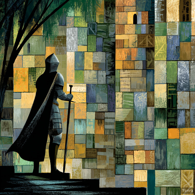 A solitary figure in dark armor stands in front of a colorful, abstract wall, creating a contemplative and mysterious atmosphere.