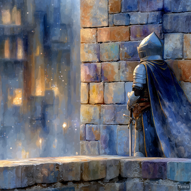A knight-like figure in armor and a cloak stands against a stone wall, in a serene and contemplative setting.