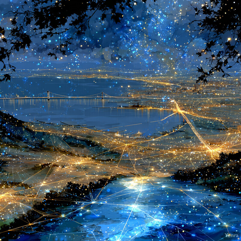 A futuristic night scene blending digital connectivity with a celestial backdrop, symbolizing advanced urban development and nature's tranquility.