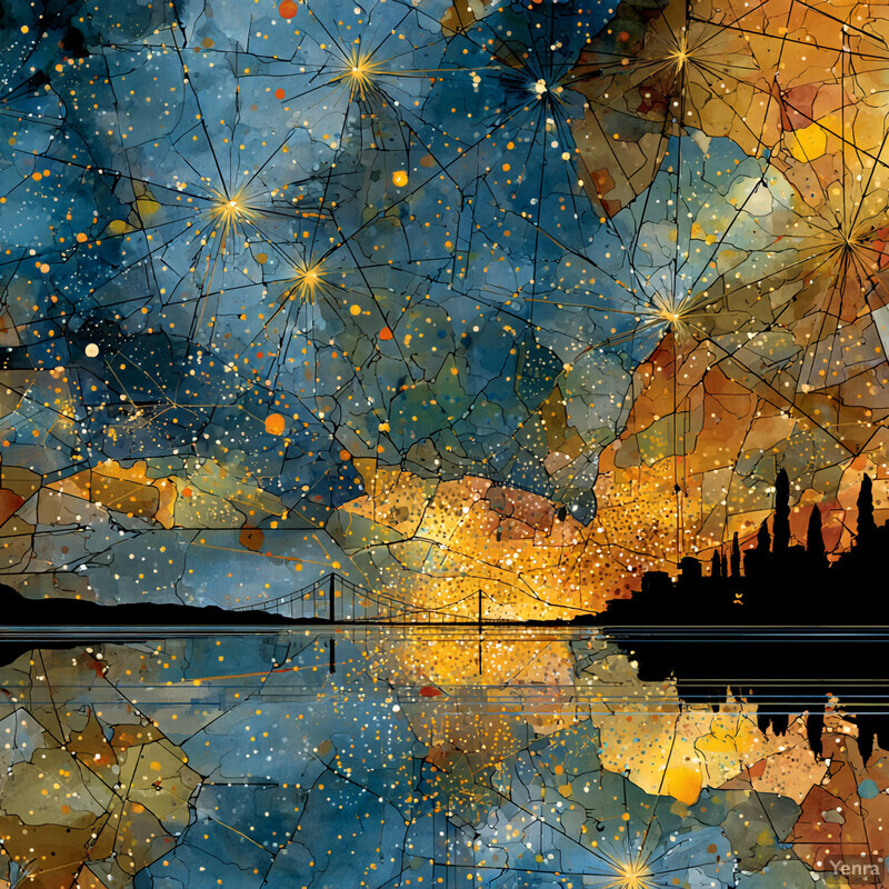 A futuristic and abstract representation of Silicon Valley, combining celestial and earthly elements in a textured, mosaic-like style.