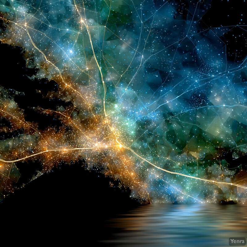 A cosmic and technological landscape featuring a celestial backdrop and glowing, reflective lines.