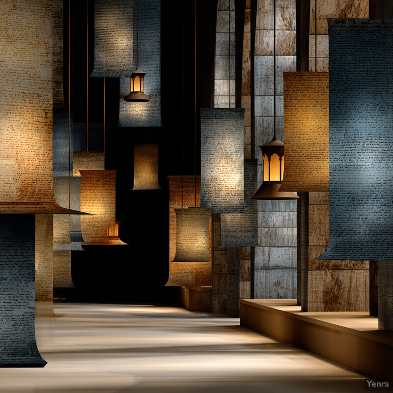 A warmly lit interior space filled with text and illuminated by hanging lanterns, evoking a sense of intellectual pursuit and quiet reflection.
