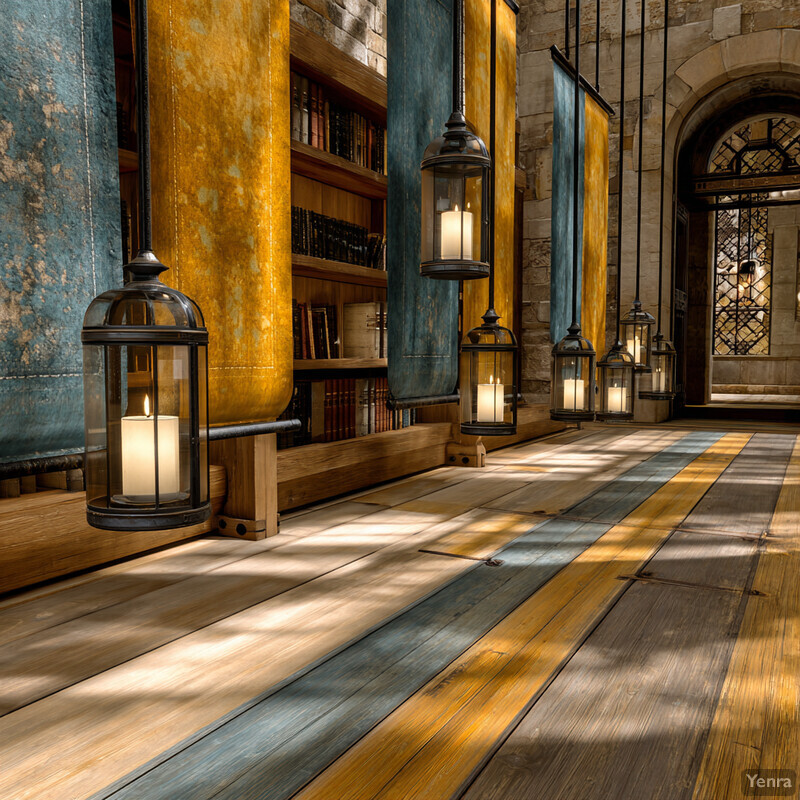 A tranquil, sunlit library with classical architecture and warm lighting.
